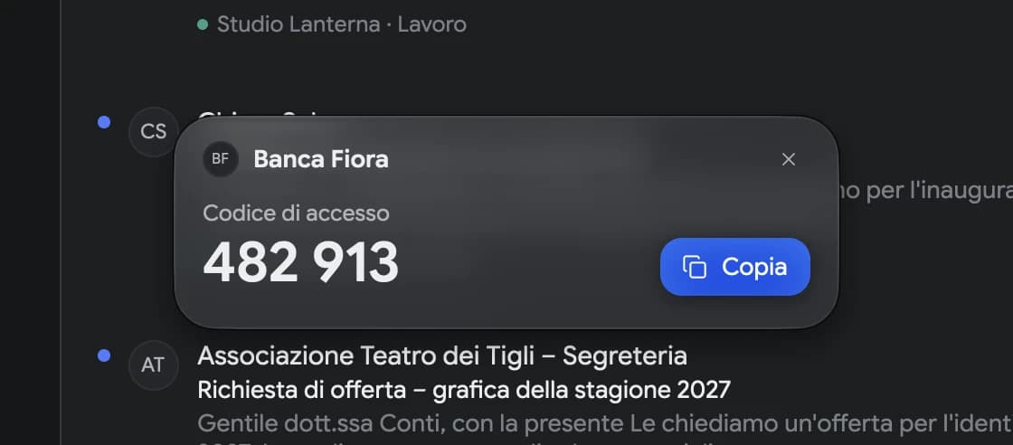 Il riquadro di Mailfolk con il codice di accesso 482 913 di Banca Fiora e il pulsante Copia