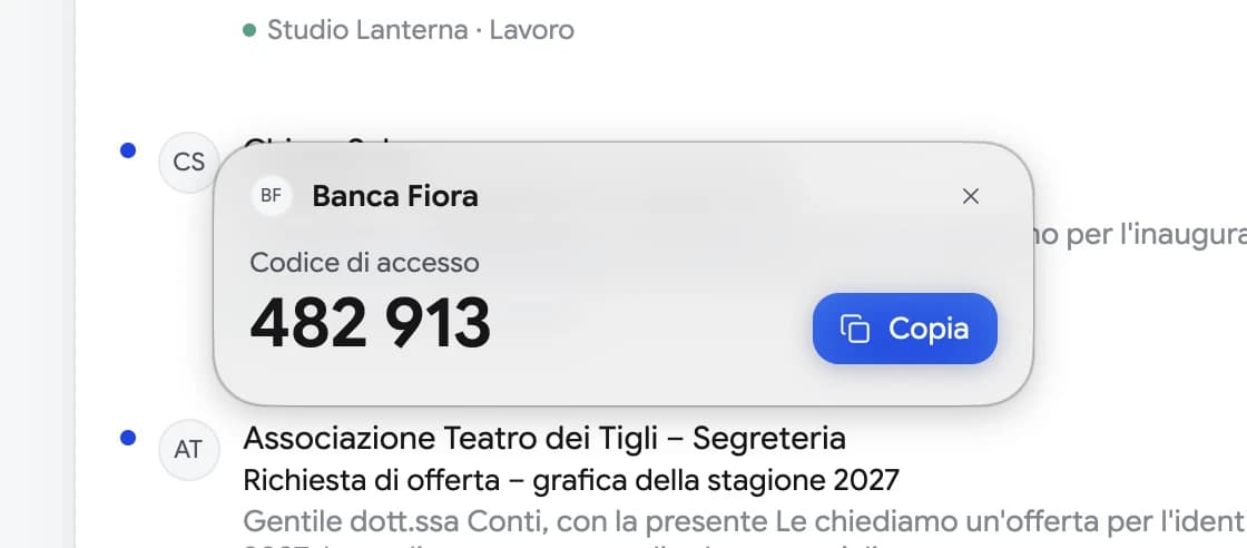 Il riquadro di Mailfolk con il codice di accesso 482 913 di Banca Fiora e il pulsante Copia