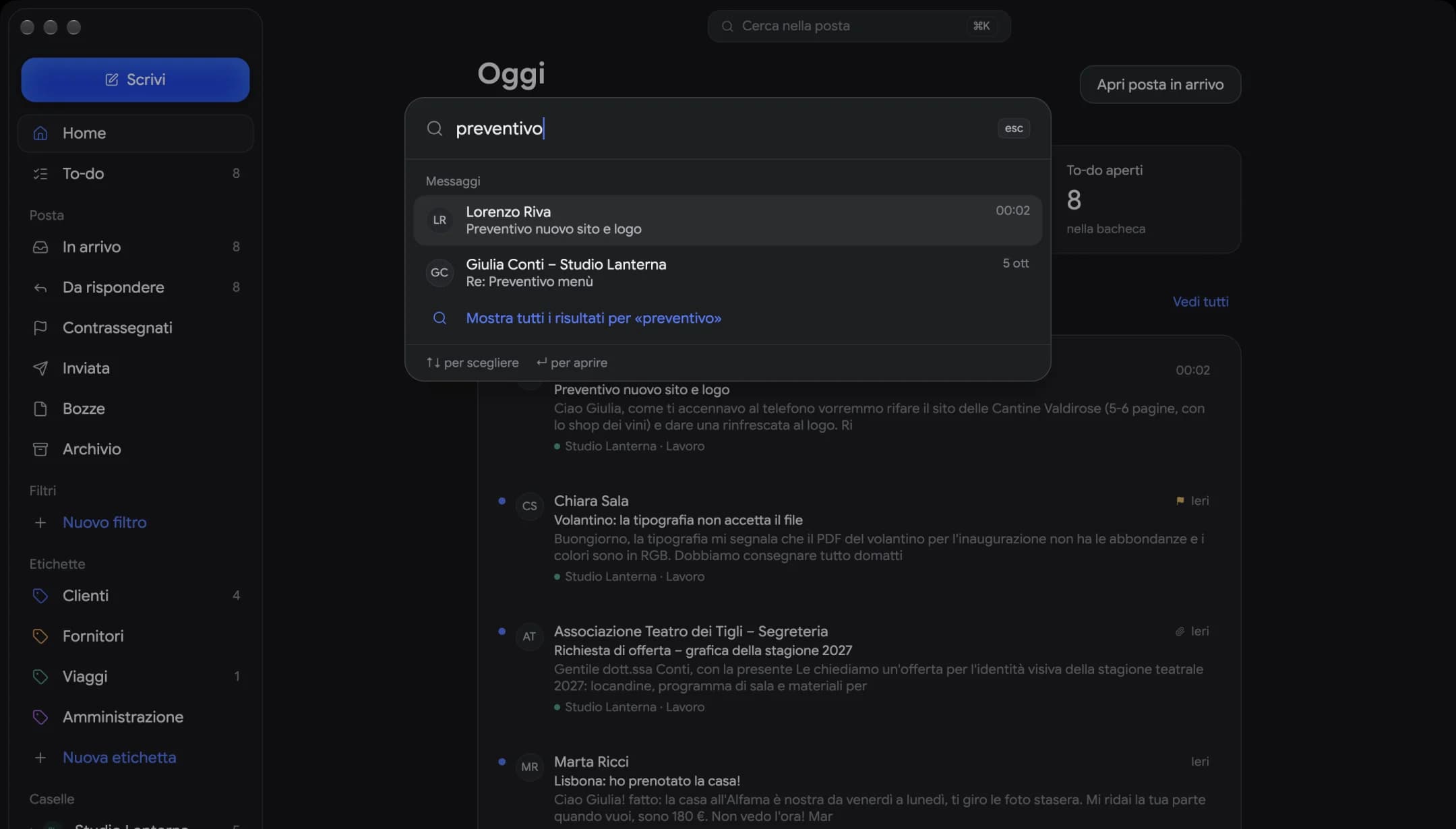 La ricerca di Mailfolk aperta con ⌘K: scrivendo «preventivo» compaiono subito le email che lo contengono