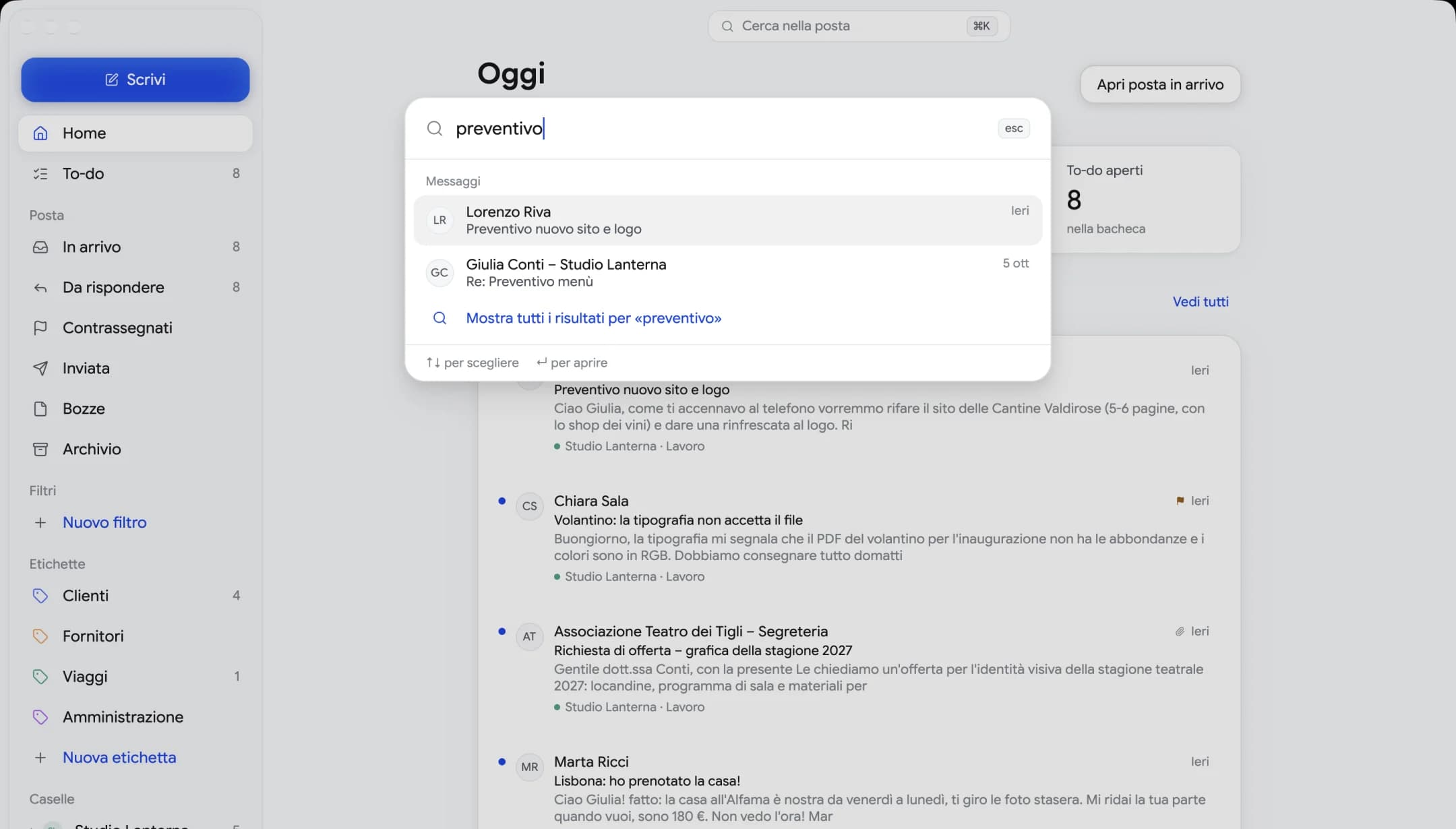 La ricerca di Mailfolk aperta con ⌘K: scrivendo «preventivo» compaiono subito le email che lo contengono