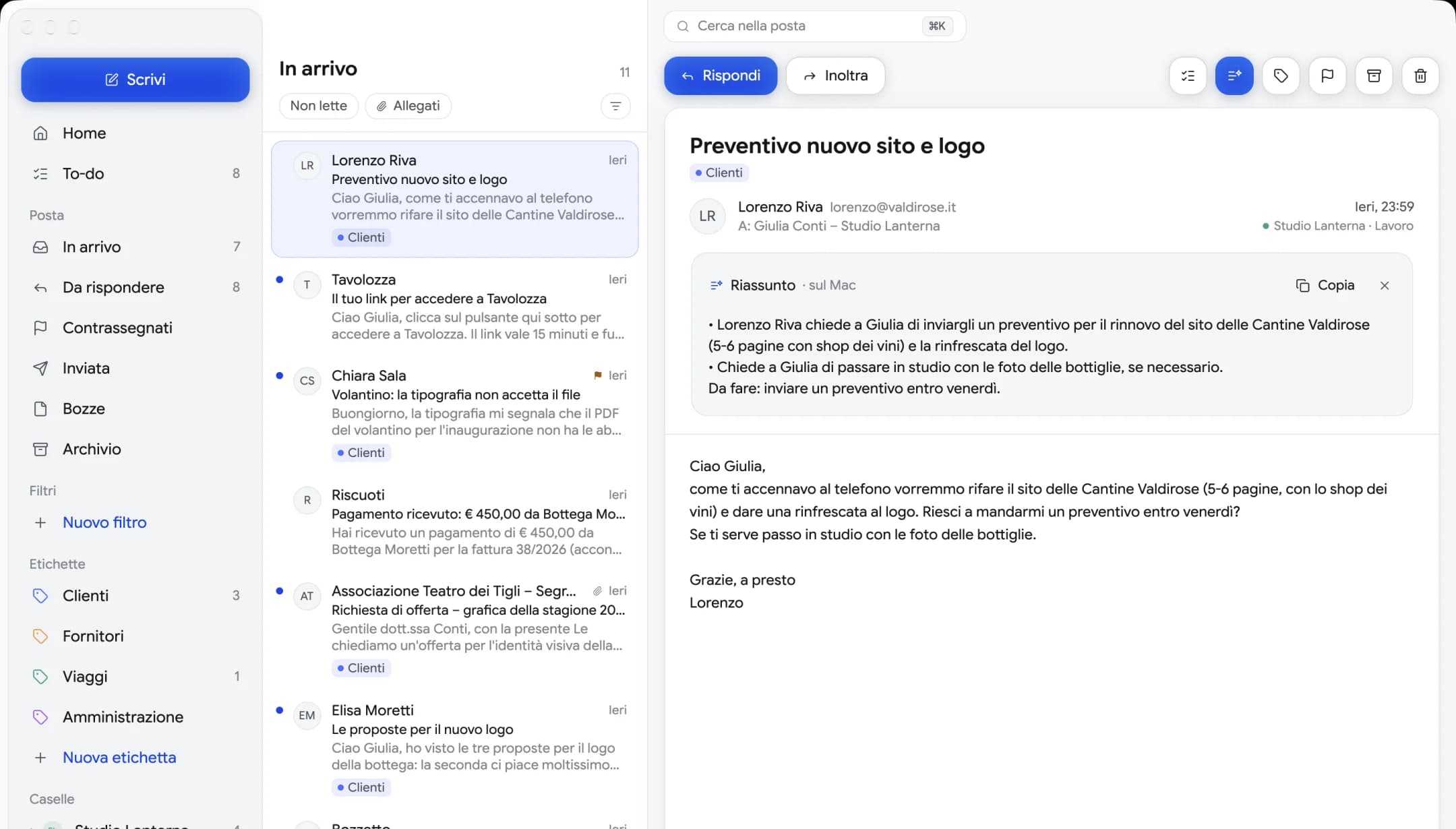 Un'email di Lorenzo Riva aperta in Mailfolk, con il riassunto scritto dall'AI locale sopra il testo