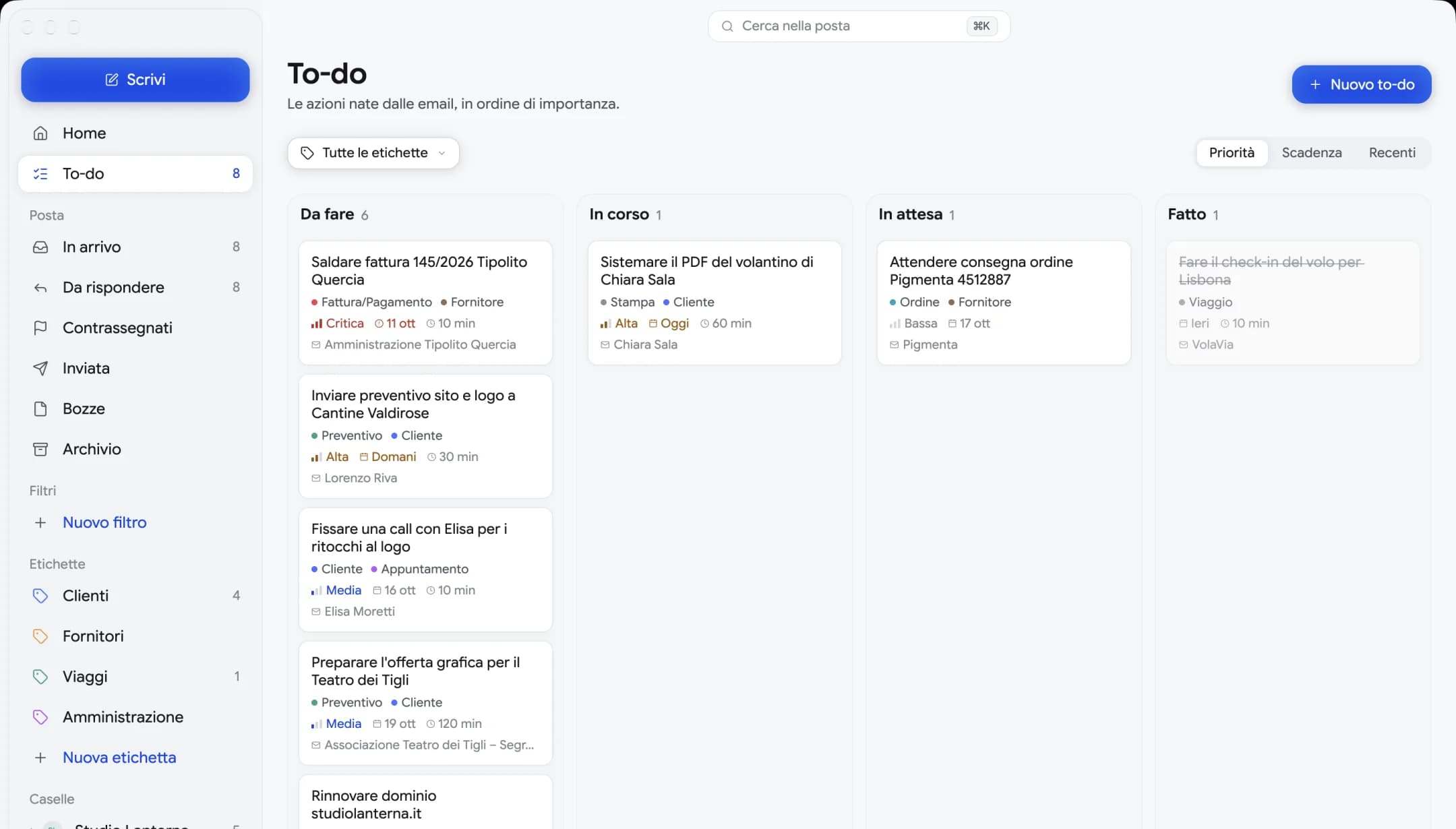 La bacheca dei to-do di Mailfolk: colonne Da fare, In corso e In attesa, con priorità, scadenza e mittente